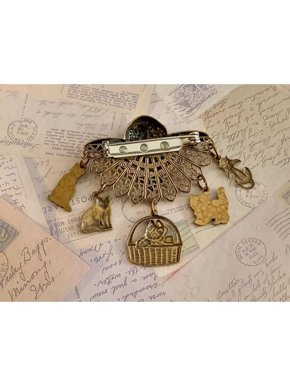 Vintage Angel & Cats Dangle Brooch Antiqued Brass Cherub Feline Charms Victorian